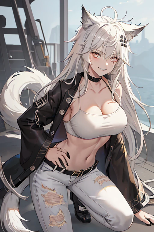 best quality, masterpiece, highres, solo, animal_ears, wolf_ears, long_hair, scar, bangs, scar_across_eye, hair_ornament, hairclip, scar_on_face, hair_between_eyes, grey_eyes, smile, grey_hair, white_hair, upper_body, Anime art, short anime woman. muscular body, (((dirty white hair messy hair))), Amber Orange eyes, white loose Tube top, cleavage, exposed belly skin, (((black long skinny pants))), black combat boots, white tail and cat ears, ultra high detail face, ultra high detail eyes, evil grin expression. hands on hips pose, looking at viewer. mechanic workshop room background. super high detail eyes, very detailed eyes.
