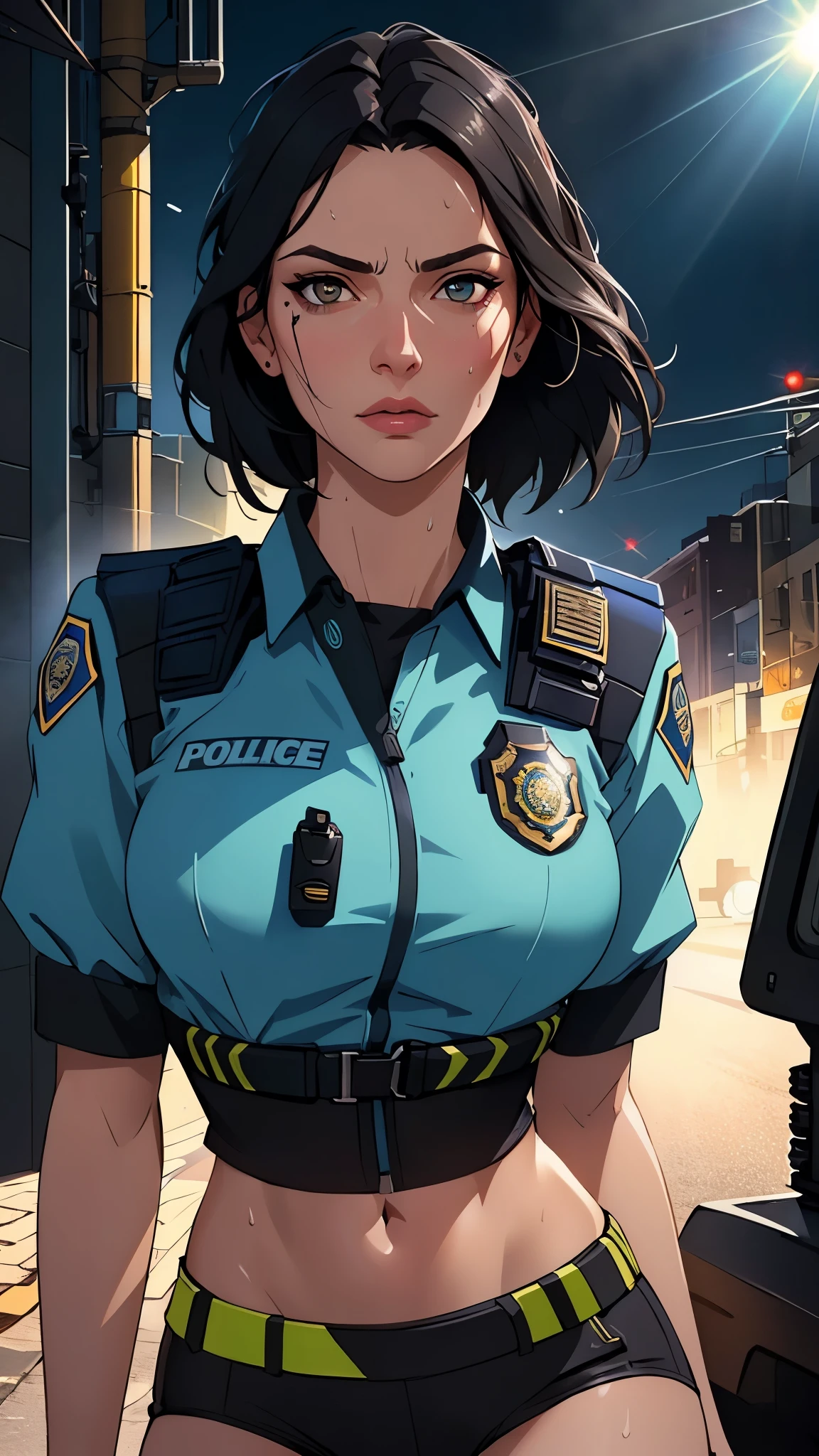 ((((masterpiece, best quality, high resolution)))), Extremely detailed 8K, 1 female, (Police Officer) wearing a cyberpunk police uniform and gear, (Ultra HD, Ultra-detailed, Highly detailed, Highly realistic, Ultra-realistic, photograph realistic), (1girl:1.5), (Realistic black hair), (dynamic poses), facing at camera, looking at viewer, (a serious focus face), (regular black eyes, sharp eyes), (perky breasts:1.2), (beautifully detailed face, beautiful detailed eyes), ((preparing for a police patrol)), (streets background), sweat, glow, (sunbeam, sunlight), ((cowboy shot)), seductive, EnvyBetterHands LoCon,
