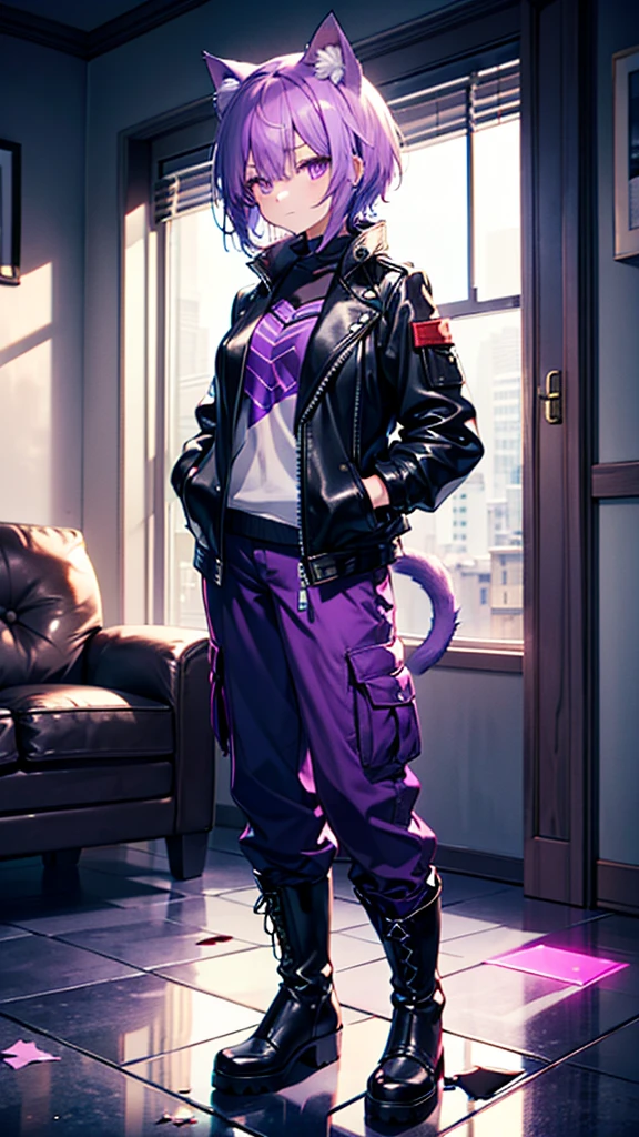 Young girl, cat ears, dark purple hair, purple eyes, "broken glass" eyes, leather jackets, cargo pants, heavy boots, hands in pockets, short hair, long purple cat tail, single girl, girl with cat tail and ears, broken house