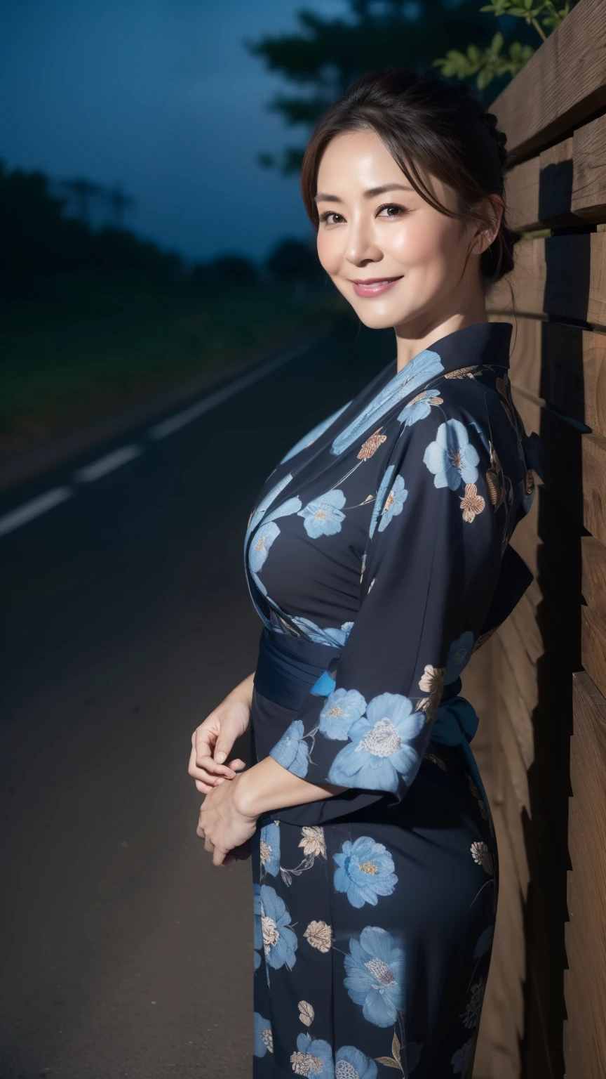 a beautiful detailed face of a 45 year old japanese mature woman, beautiful detailed lips with lip gloss, sensual expression, large breasts, large hips,standing outside, ((viewed from the side)), (best quality,8k,masterpiece:1.2),ultra-detailed,(realistic,photorealistic,photo-realistic:1.37),intricate details,stunning full body portrait,dramatic lighting,cinematic,elegant, ((A dark countryside road at night)), seen from side, back of head、((Light blue floral yukata))、((Brown strip))、((Nape)), smile、Holding hands