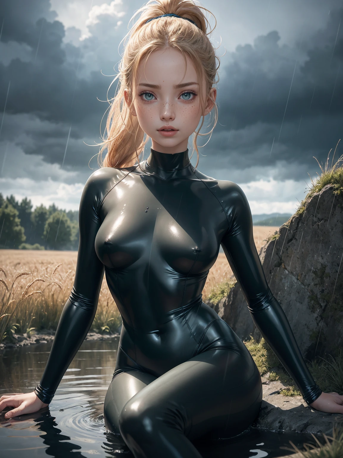 (whole body:1.5),heavy rain, octane rendering, 8K, best quality, masterpiece, backlit scene, time of day is midnight, illustration, extremely delicate and beautiful, detailed,extremely detailed,CG,Unite,wallpaper,Astonishing, fine details, realistic art: 1.2 ,masterpiece, best quality, official art, extremely detailed CG Unite 8K wallpaper,1 girl, , sitting on couch, in a field of wheat,wearing blue latex catsuit, grey dark overcast skies, cloudy, heavily raining, skinny body, surprised facial expression,, wide open eyes, pale green eyes, orange hair, ponytail, pretty symetrical face, shiny wet skin, oiled skin, white skin, lots of freckles, pale complexion, thin waist, narrow hips, long legs, skinny body, small breasts, , Realistic photos, (hiqcgbody) ,perfect female figure,water everywhere