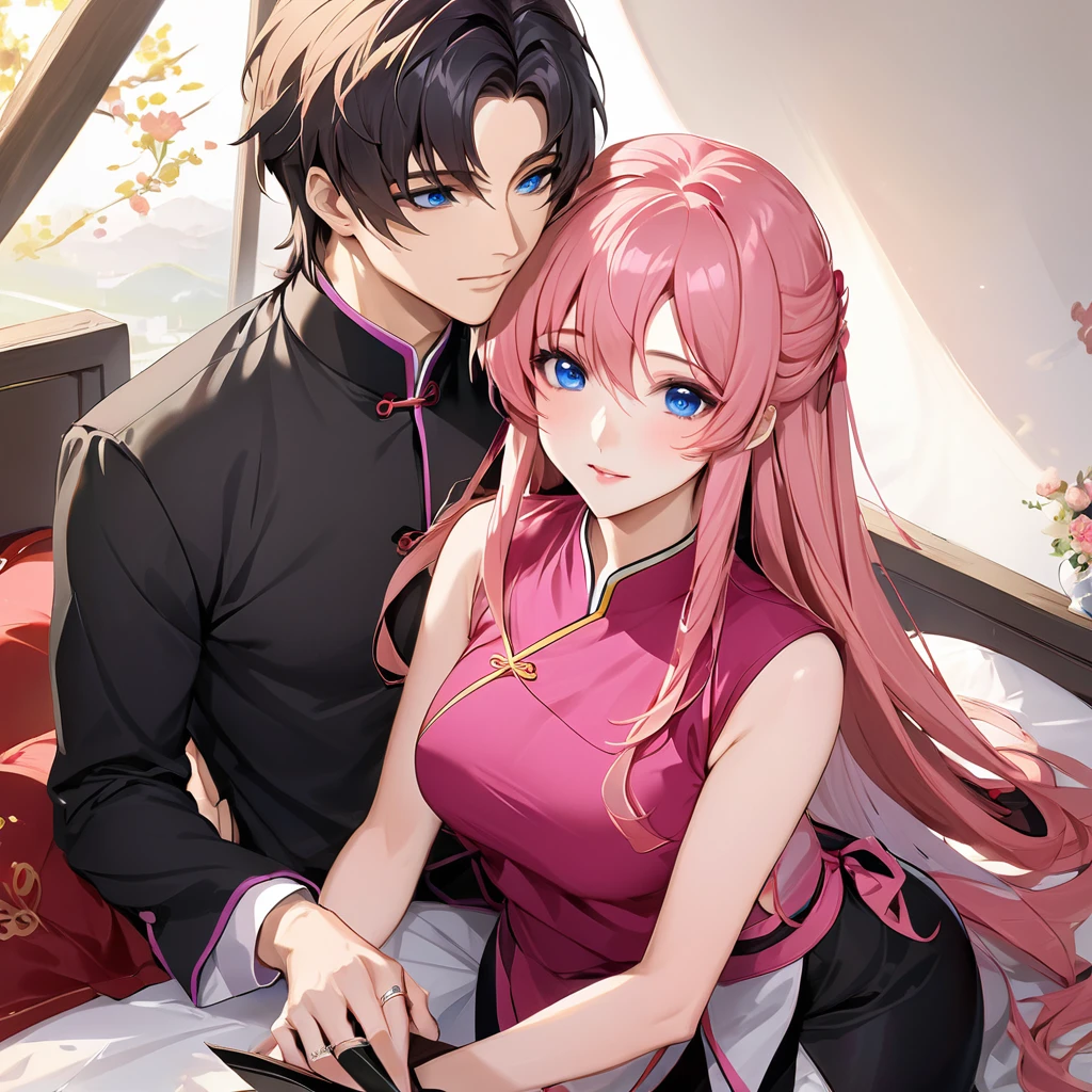 ((Highest quality)), ((masterpiece)), (detailed), (Perfect Face)、The woman is Lacus Clyne, who is married to a Chinese man, and is an ordinary Chinese woman with blue eyes, semi-long pink hair that has been dyed black, and an engagement ring.、The woman is dressed in typical Chinese clothing.、She married a Chinese man and dyed her hair for him, made her clothes and everything she wore Chinese, and her thoughts were also Chinese, becoming a great Chinese in body and mind.、The woman became Lacus Clyne, a Chinese woman who devotes herself to China and her husband.