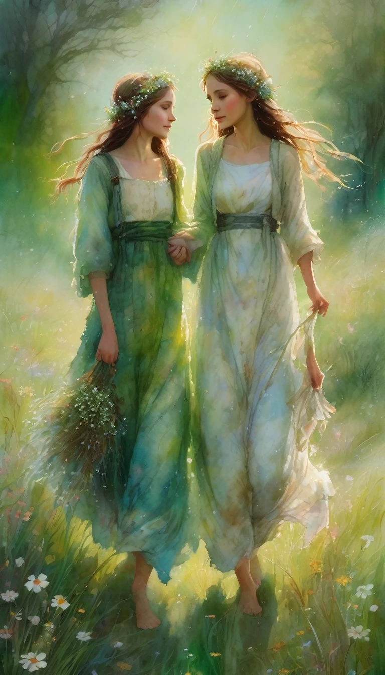  Fantasy depiction of two girlfriends holding hands, they are dressed in tattered cloth, small flowers and grass, background is green white diffuse colors, mute colors, hyper-intricate details and a dreamy atmosphere, mixed media of storybook illustration, chalk art, and wet oils
