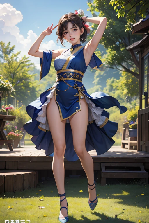 Realistic, (4K), Depth of written boundary, (masterpiece), (Realistic skin texture), Very detailed, Complex, Super detailed, Professional photography, Bokeh, High resolution, Sharp details, Highest quality, Realistic anime art style,Chun-Li,Large Breasts,Long hair, whole body, China dress,skirt,Brown tights,Brown tights ((masterpiece, Highest quality, Best image quality, High resolution, Realistic, RAW Photos, 8k)), ((Very detailed CG 統合 8k 壁紙)), (Huge and stunning goddess shot, Very hot and sexy, Incredible beauty, Perfect proportions, Beautiful body, Very muscular body beauty:1.5), Hip Up, Looking down at the viewer, Beautiful Eyes, E cup udder,dove chest , Very thick and muscular thighs ,Trained abdominal muscles,Slim and toned waist,Street Fighter,Fighting game female characters,Dynamic movement ,shoes,、White boots,Super detailedな股間,Very thick and muscular thighs！！！, Very thick and muscular thighs！！！,Thighs that are thicker and more muscular than the waist,Looking up from below,Low - Angle,Detailed armpits ,Super detailedな濡れた肌, Very thick biceps,Thicker arms ,Very well trained back muscles,High Kick ,Fighting Pose,Very muscular woman , Blurred Background , With the right hands and fingers