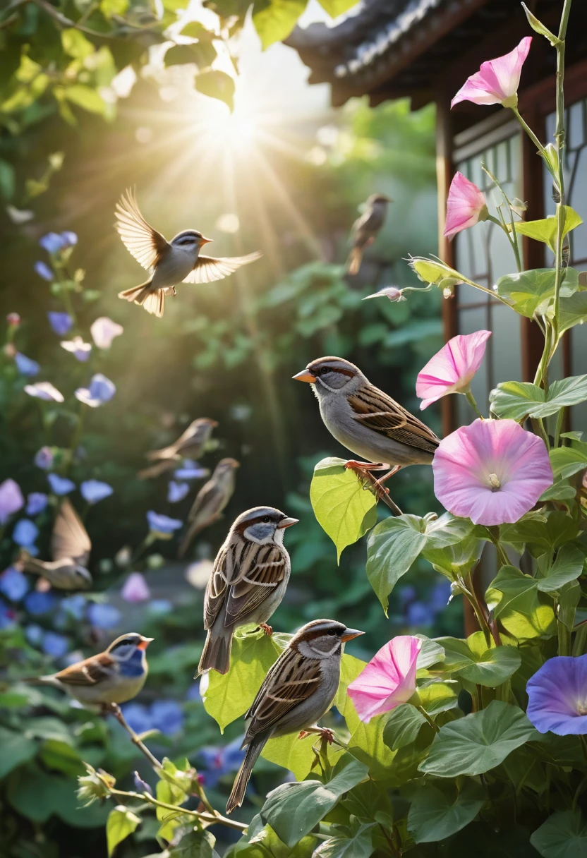 8K quality, ultra-high definition realism, a flock of sparrows, a summer morning, a Japanese temple garden with morning glories in bloom, sparrows that have just landed with their wings spread and sparrows that are already pecking at food on the ground, the background is blurred, a refreshing impression of a summer morning, the camera focuses on the sparrows and morning glories, the morning glories have blue and pink flowers in bloom, the light shines in from an angle, the shadows are deep.