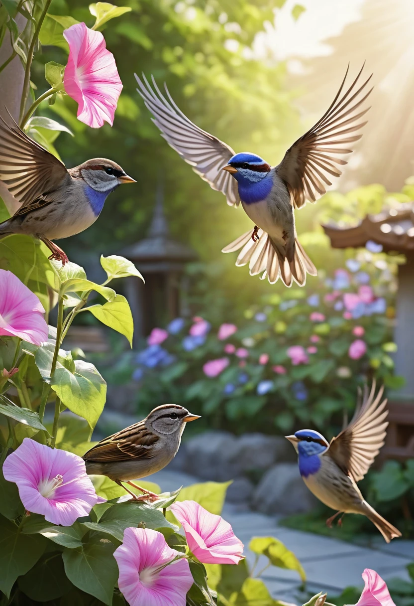 8K quality, ultra-high definition realism, a flock of sparrows, a summer morning, a Japanese temple garden with morning glories in bloom, sparrows that have just landed with their wings spread and sparrows that are already pecking at food on the ground, the background is blurred, a refreshing impression of a summer morning, the camera focuses on the sparrows and morning glories, the morning glories have blue and pink flowers in bloom, the light shines in from an angle, the shadows are deep.