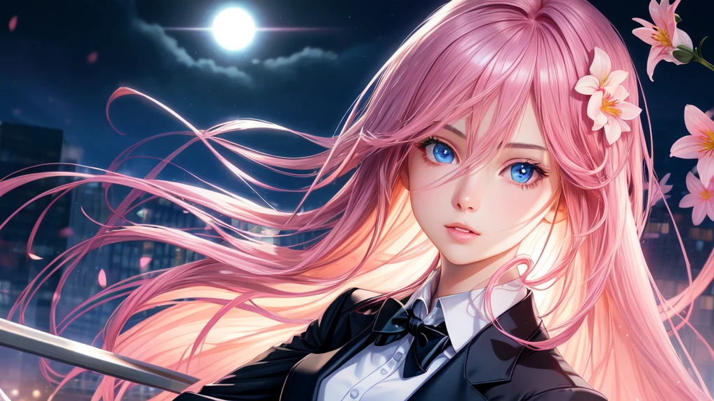 realistic, 1girl, pink lobg hair, blue eyes, glowing eyes, business suit, black tie , white shirt, parted lips, night, flowers, sun, sunlight,