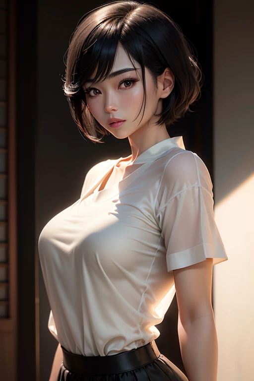 (Masseter muscle area), Realistically, Photorealist, A Japanese beauty, Beautiful Face、A vivid face、Short black hair、Beautiful Hair、Lips parted, Realistic Skin、Beautiful skins、Charm、Cute light beige organza blouse、 Upper body,Detailed,Dark Background,Backlight、