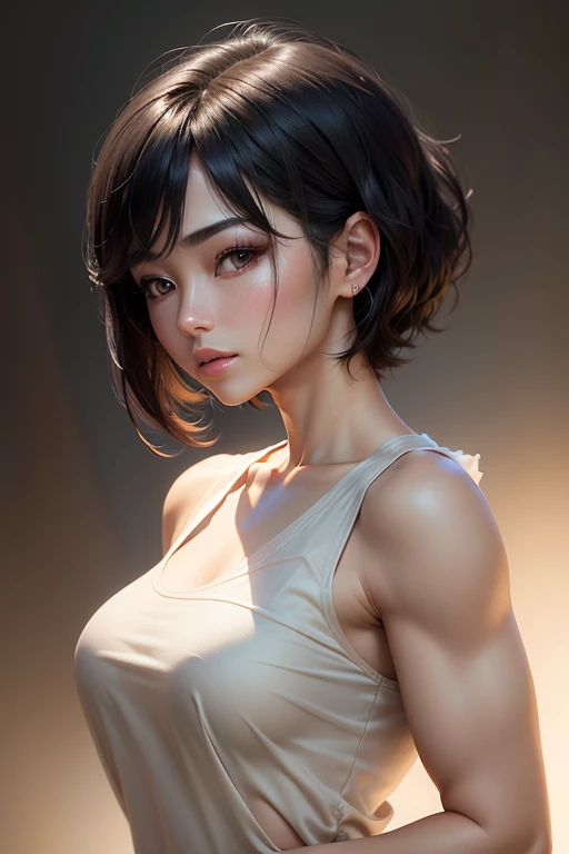 (Masseter muscle area), Realistically, Photorealist, A Japanese beauty, Beautiful Face、A vivid face、Short black hair、Beautiful Hair、Lips parted, Realistic Skin、Beautiful skins、Charm、Cute light beige organza blouse、 Upper body,Detailed,Dark Background,Backlight、