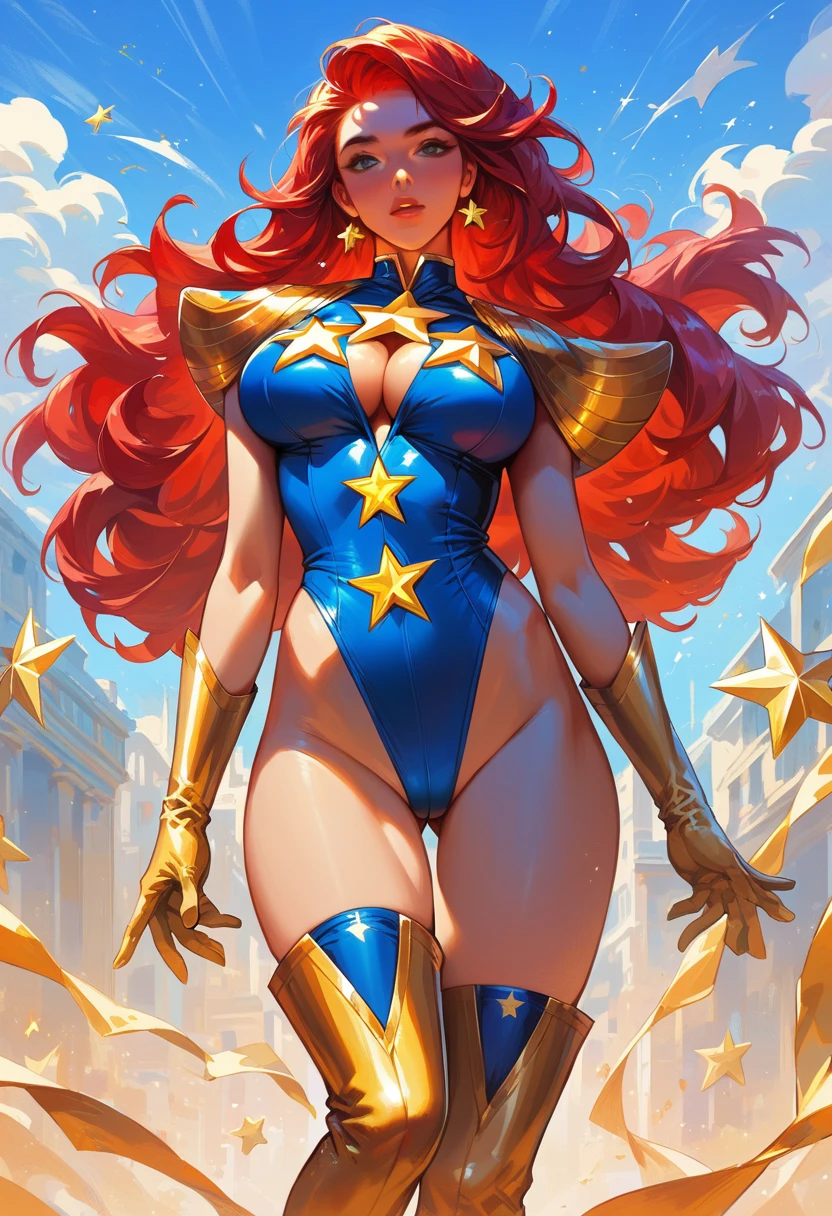 masterpiece, Sexy, Superheroine, Red hair, long hair, busty, ((blue highleg leotard with a t-back thong and a gold star insignia on chest)), gold boots, gold gloves,