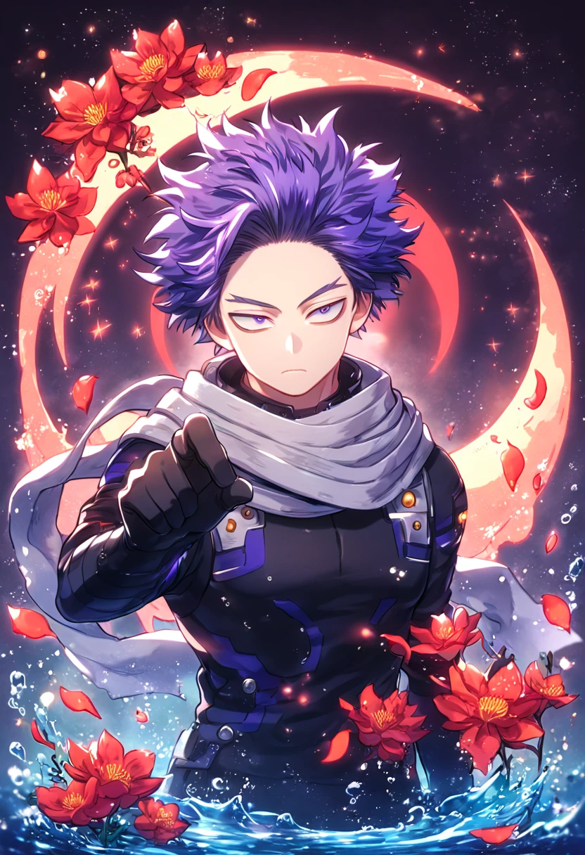 absurdres, highres, ultra detailed, HDR, master piece, Shinsou Hitoshi, indigo hair, messy hair, expressive purple eyes, gray scarf, black clothes, black gloves, Boku No Hero Academia, sexy man, handsome, best quality, red glittering crescent moon, red flowers, fantasy, magical, solo, water, red shining fireflies, red petals, sensual