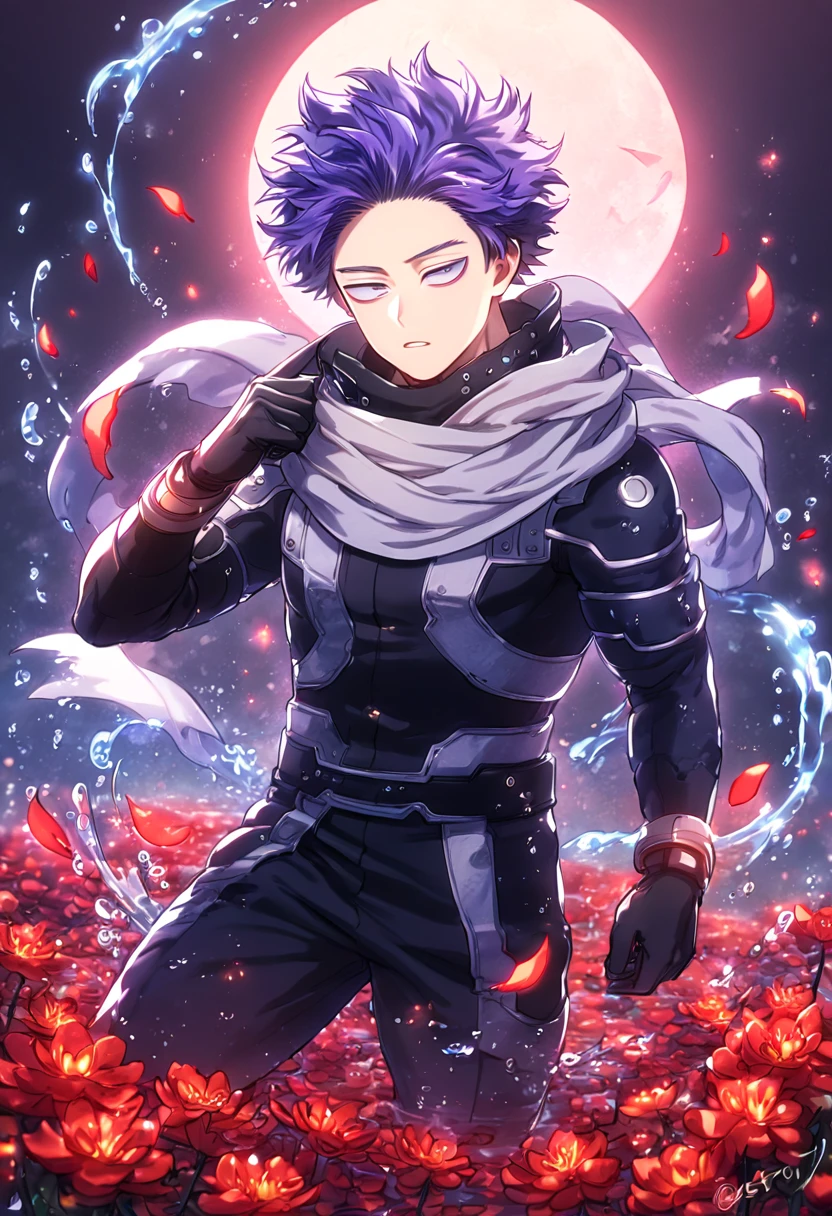 absurdres, highres, ultra detailed, HDR, master piece, Shinsou Hitoshi, indigo hair, messy hair, expressive purple eyes, gray scarf, black clothes, black gloves, Boku No Hero Academia, sexy man, handsome, best quality, red glittering crescent moon, red flowers, fantasy, magical, solo, water, red shining fireflies, red petals, sensual