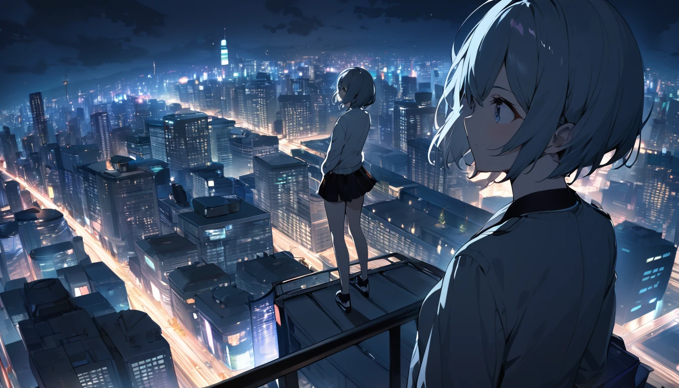 1 girl with short hair, wearing a light jacket and short skirt, standing on the top of the m building, looking at the sky, dark city night, view of the building ((with city lights)) (city background is a bit blurry),night ((HD desktop wallpaper) ),