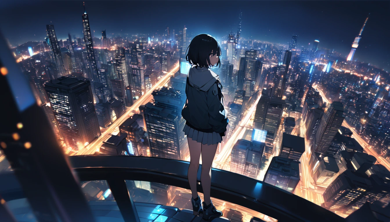 1 girl with short hair, wearing a light jacket and short skirt, standing on the top of the m building, looking at the sky, dark city night, view of the building ((with city lights)) (city background is a bit blurry),night ((HD desktop wallpaper) ),
