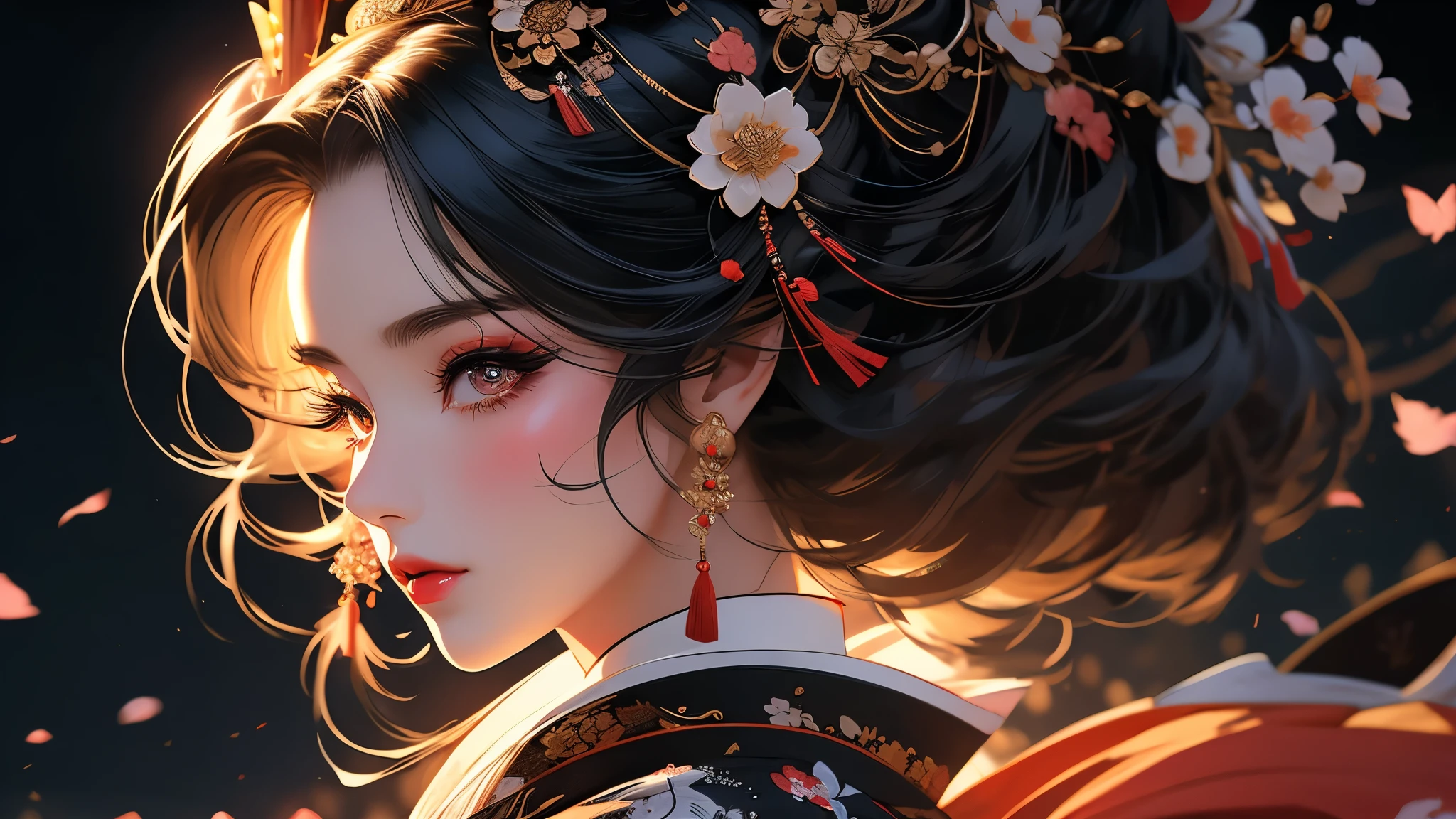beautiful geisha girl, sakura blossoms, fujii mountain, moonlight, white and black blood color palette, sumi-e ink effects, detailed face, detailed eyes, detailed lips, long eyelashes, detailed ornaments, elegant kimono, graceful pose, cinematic lighting, highly detailed, 4k, photorealistic, masterpiece