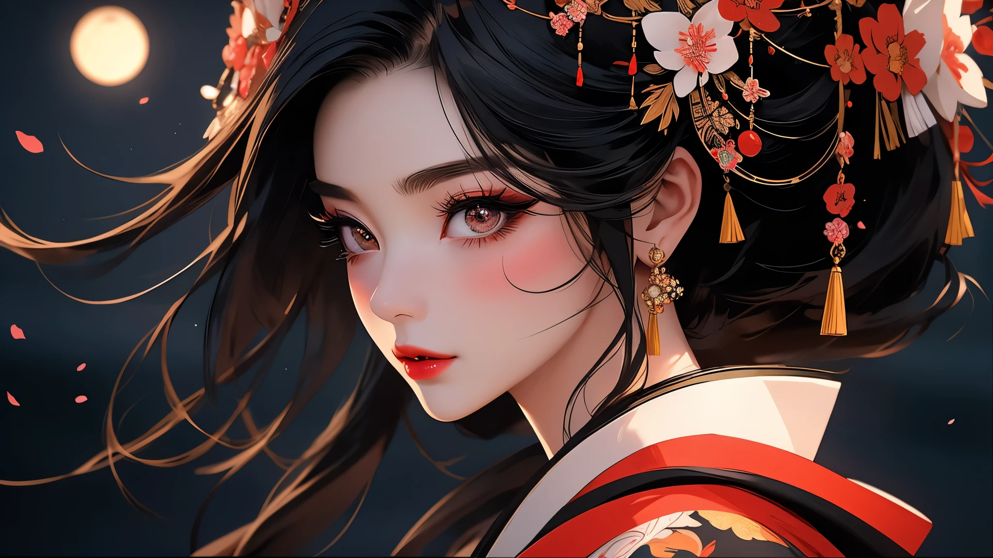 beautiful geisha girl, sakura blossoms, fujii mountain, moonlight, white and black blood color palette, sumi-e ink effects, detailed face, detailed eyes, detailed lips, long eyelashes, detailed ornaments, elegant kimono, graceful pose, cinematic lighting, highly detailed, 4k, photorealistic, masterpiece