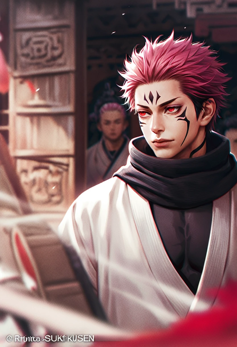 Super detailed, High resolution, Absurd, High resolution, Realistic、Ryoumen Sukuna, tribe, Pink Hair, Red eyes, Black scarf, White kimono, Black tight shirt, JUJUTSU KAİSEN, Red-black color、red puddle、A rustic temple in the background、Background Blur