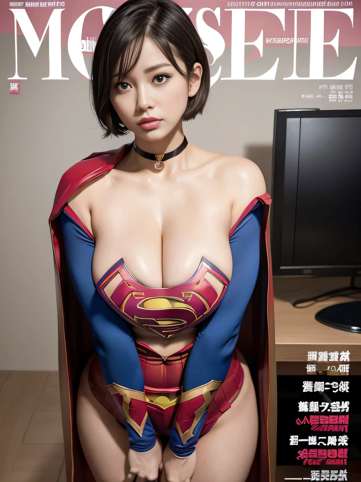 masterpiece、Rubber Supergirl Costume、short hair、barefoot、Big and ample breasts、looking at the camera、choker、Long sleeve、Cape、mini skirt、Off the shoulder、Sweaty skin、Hospital room、Photo magazine cover、gorgeous cleavage、Boasting beautiful legs、High leg leotard、Bare legs、wallpaper for pc、