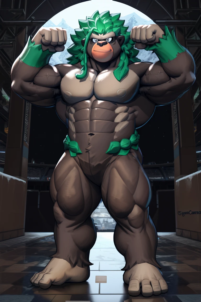 score_9, score_8_up, score_7_up, score_6_up, score_5_up, score_4_up,((rillaboom,gorilla,male furry)), white eyes, (pose:1.3), (posing:1.3), (soft shading), 4k, hi res, five fingers, detailed hands, ((detailed face, (detailed eyes:1.3), detailed)), (((full body))),show legs,show feet,(by gammachaos:1.5), solo, looking at viewer, 1boy, standing, full body, male focus,((topless,bottomless)), abs, biceps, flexing, smile,