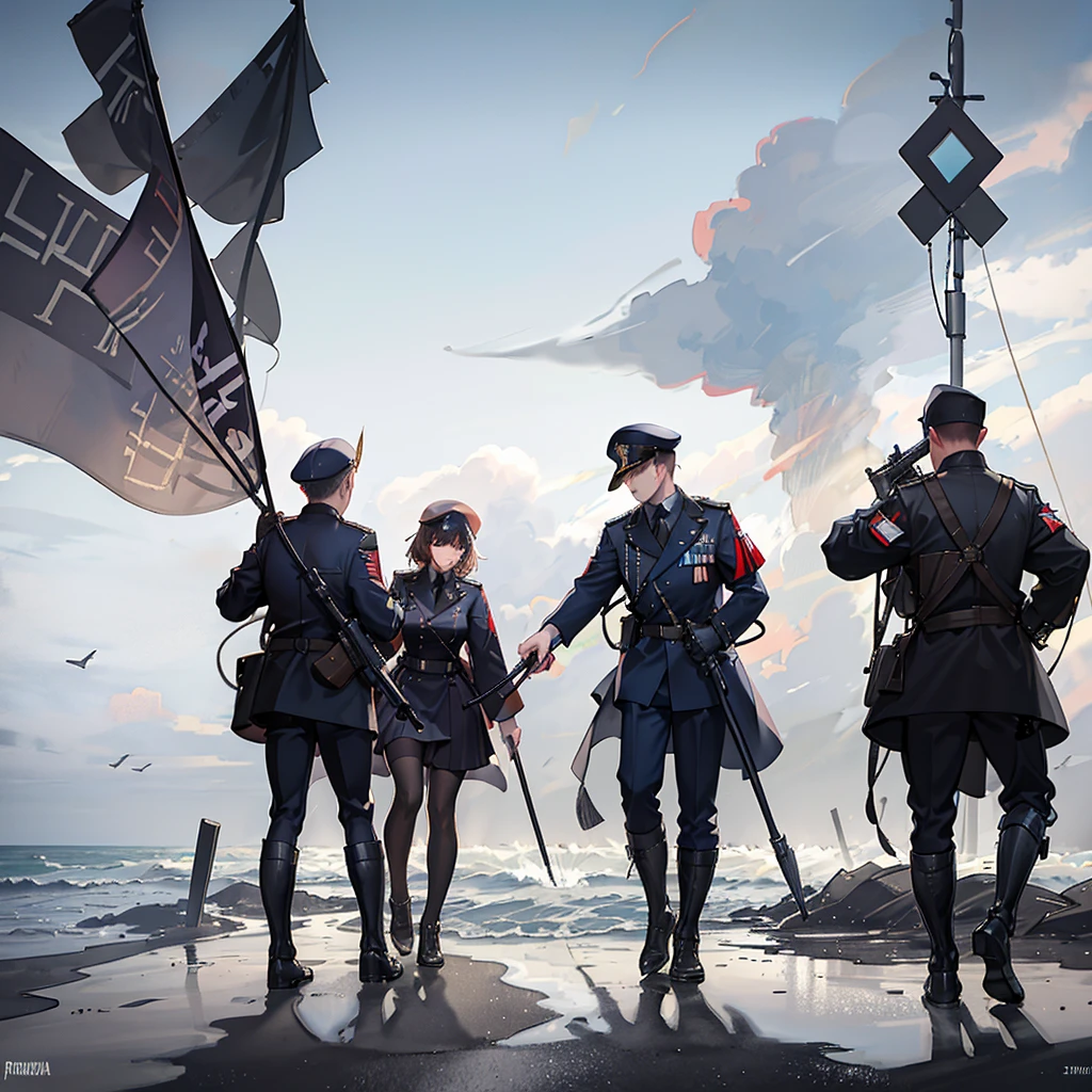 Many people standing in the city,Hold the flag, Valve Promotional Spray Painting, author:Tadeusz Pruszkowski, author:Ludwik Konarzewski, Cyber demons on Omaha Beach, Stormy war scene, The price of ncr, Storming the Normandy Beaches, WWII Normandy Foy Arnhem 1944