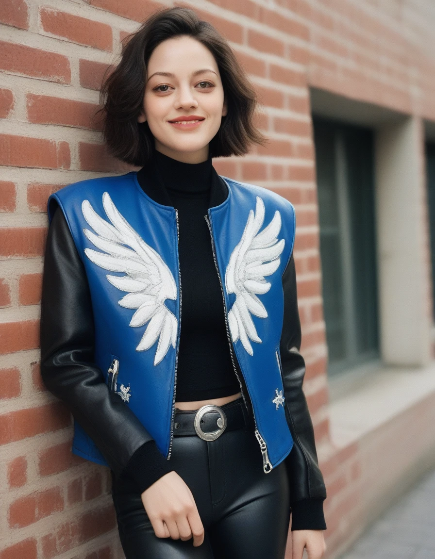 xxmixgirl, quite a bit body of a beautiful cute long and slender face Japanese girl, A gorgeous young cute asian woman in a Glamorous leather rockstars outfit, happy smiling, still from the film, ((young Marion Cotillard face : 1.2)), ((young Anne Hathaway face: 1.0)), from front, realistic portrait photo of a cute 25 years old girl, looks at viewer, wavy nose, full lips, natural skin, skin moles,(cinematic, film grain:1.1), ((asian winged eyes, very long and slender slim face, windy tousled, long straight black pixie cut)), medium breasts, (curvy), cute, eyelashes, Serena, pokemon, solo, long hair, blue eyes, smile, looking at viewer, leather jacket, leather pants, black jacket, tight pants, black choker, zipper, biker clothes, spikes, multiple belts, shiny clothes, high collar, (graffiti:1.2), brick wall, cowboy shot, (Leica SL3, Summicron-SL 75 f/2 ASPH, kodak Ektar 200 film), hands up, bokeh, silhouette, shallowed depth of field, dynamic action pose, hands up,