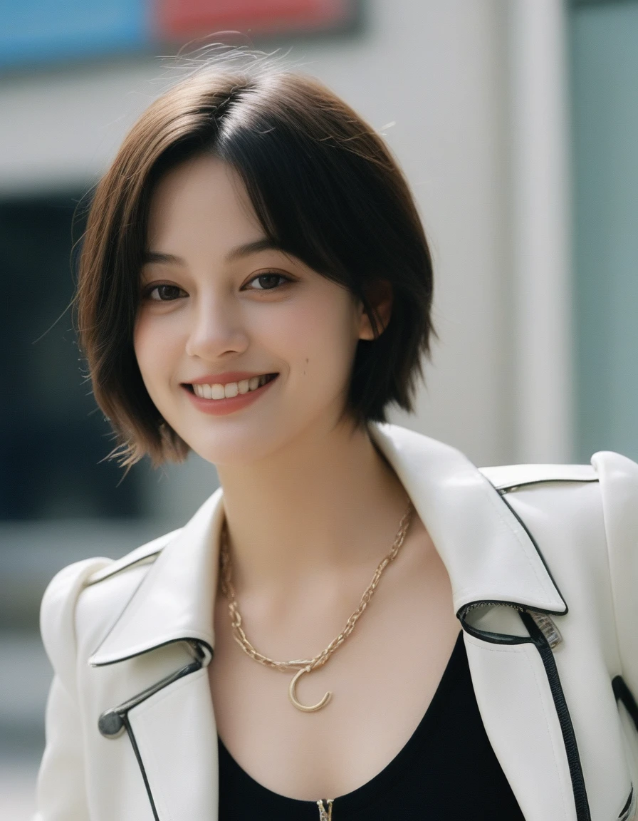 xxmixgirl, quite a bit body of a beautiful cute long and slender face Japanese girl, A gorgeous young cute asian woman in a Glamorous leather rockstars outfit, happy smiling, still from the film, ((young Marion Cotillard face : 1.2)), ((young Anne Hathaway face: 1.0)), from front, realistic portrait photo of a cute 25 years old girl, looks at viewer, wavy nose, full lips, natural skin, skin moles,(cinematic, film grain:1.1), ((asian winged eyes, very long and slender slim face, windy tousled, long straight black pixie cut)), medium breasts, (curvy), cute, eyelashes, Serena, pokemon, solo, long hair, blue eyes, smile, looking at viewer, leather jacket, leather pants, black jacket, tight pants, black choker, zipper, biker clothes, spikes, multiple belts, shiny clothes, high collar, (graffiti:1.2), brick wall, cowboy shot, (Leica SL3, Summicron-SL 75 f/2 ASPH, kodak Ektar 200 film), hands up, bokeh, silhouette, shallowed depth of field, dynamic action pose, hands up,