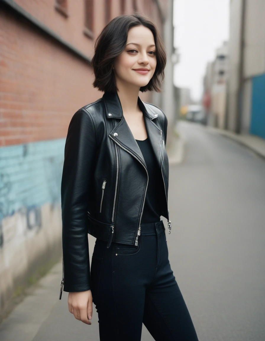 xxmixgirl, quite a bit body of a beautiful cute long and slender face Japanese girl, A gorgeous young cute asian woman in a Glamorous leather rockstars outfit, happy smiling, still from the film, ((young Marion Cotillard face : 1.2)), ((young Anne Hathaway face: 1.0)), from front, realistic portrait photo of a cute 25 years old girl, looks at viewer, wavy nose, full lips, natural skin, skin moles,(cinematic, film grain:1.1), ((asian winged eyes, very long and slender slim face, windy tousled, long straight black pixie cut)), medium breasts, (curvy), cute, eyelashes, Serena, pokemon, solo, long hair, blue eyes, smile, looking at viewer, leather jacket, leather pants, black jacket, tight pants, black choker, zipper, biker clothes, spikes, multiple belts, shiny clothes, high collar, (graffiti:1.2), brick wall, cowboy shot, (Leica SL3, Summicron-SL 75 f/2 ASPH, kodak Ektar 200 film), hands up, bokeh, silhouette, shallowed depth of field, dynamic action pose, hands up,