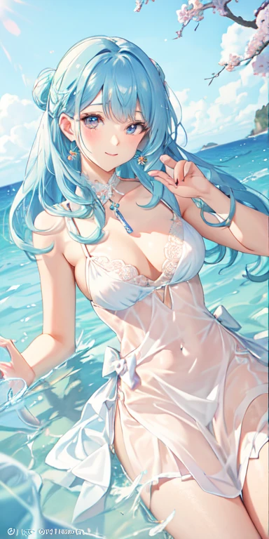 (NSFW:1.2), (8K, Raw photography, Top image quality, 巨作: 1.4), Ultrahigh definition, (Realstic, photorealestic: 1.48), 20 age old, a Cute little girl, (see-through white micro bikini:1.55), Famous actors of Japan、 (blue hairs:1.7)、1 daughter、Solo Focus、Type Moon Wind、Kyoto Animation Style、Shorthair、Blunt bangs、Inter-eye hairs、side locks、Shiny hair、Beautiful and dense cold face、alluring smile、anger、Intricate details beautiful and delicate eyes、Bare shoulders 、small tits、Clear eyes、White Skin Skin、hair ornament、swim ring、Beautiful raw back、sandal、Skin dent、collar bone、Raw feet、the beach、Dense sky、White sand beach、The tree、 very accurate and detailed、absurdist、extremely detail、16k wallpapers、Realistic texture、Masterpiece to the smallest detail、from side, looking at the viewers, deadpan, Beautiful lake, Zeiss 150mm f/ 2.8 Hasselblad, a whole body, for feet, Ultra Wide Angle