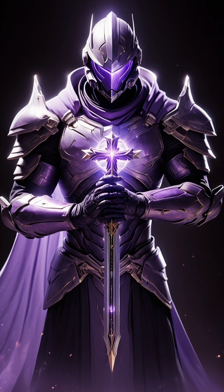 Masterpieces, male, Holy white Knight, Action style shot, Glowing light purple colored Christian cross on chest made of a large gem on chest (Battle Priest in a warframe and halo style armor wielding a glass spear with radiant light purple light, emanating potent light purple light magic.), (action shot: brandishing radiant glass spear, (white, light purple and silver color scheme), (5 gems on belt),  (large Christian cross on chest and abdomen), (light purple magic effects), (light purple half cape and hood), white and light purple tabard (solid gold color background), (light purple magic background effects), centered, full body shot fighting, sci-fi knight, Halo master chief, vibrant colors, visible figure joints, cinematic shot, volumetric lighting, intricate pattern detail, highly detailed