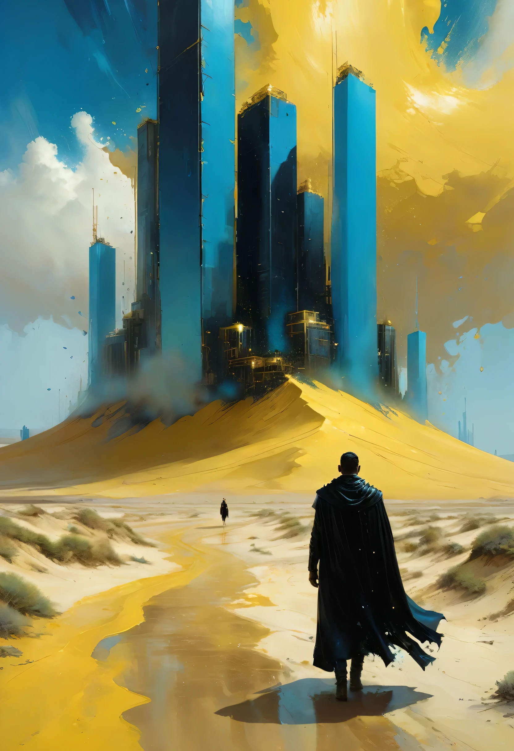 Pixelart por Jeremy Mann, Man in black cape in the yellow desert walking alone finding a new city in the sands, mostly blue tones and small details in yellow, 4D high relief texture painting, construction, construction site, Building in the background, floor, 8k, 4D, futuristic, water tank in the background, ornate desert, aerial view, view from far away, photorealism, abstract impressionism