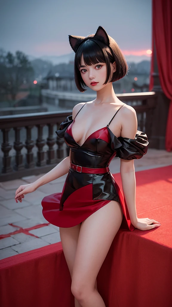 Delicate and dainty young woman with shiny bob-cut black hair and cat ears. She is wearing red wear with mini-skirt. The background is a fantastic and ethereal night sky that seems to be haunted by a specter. Her expression is stern and atmospheric. , real photo style