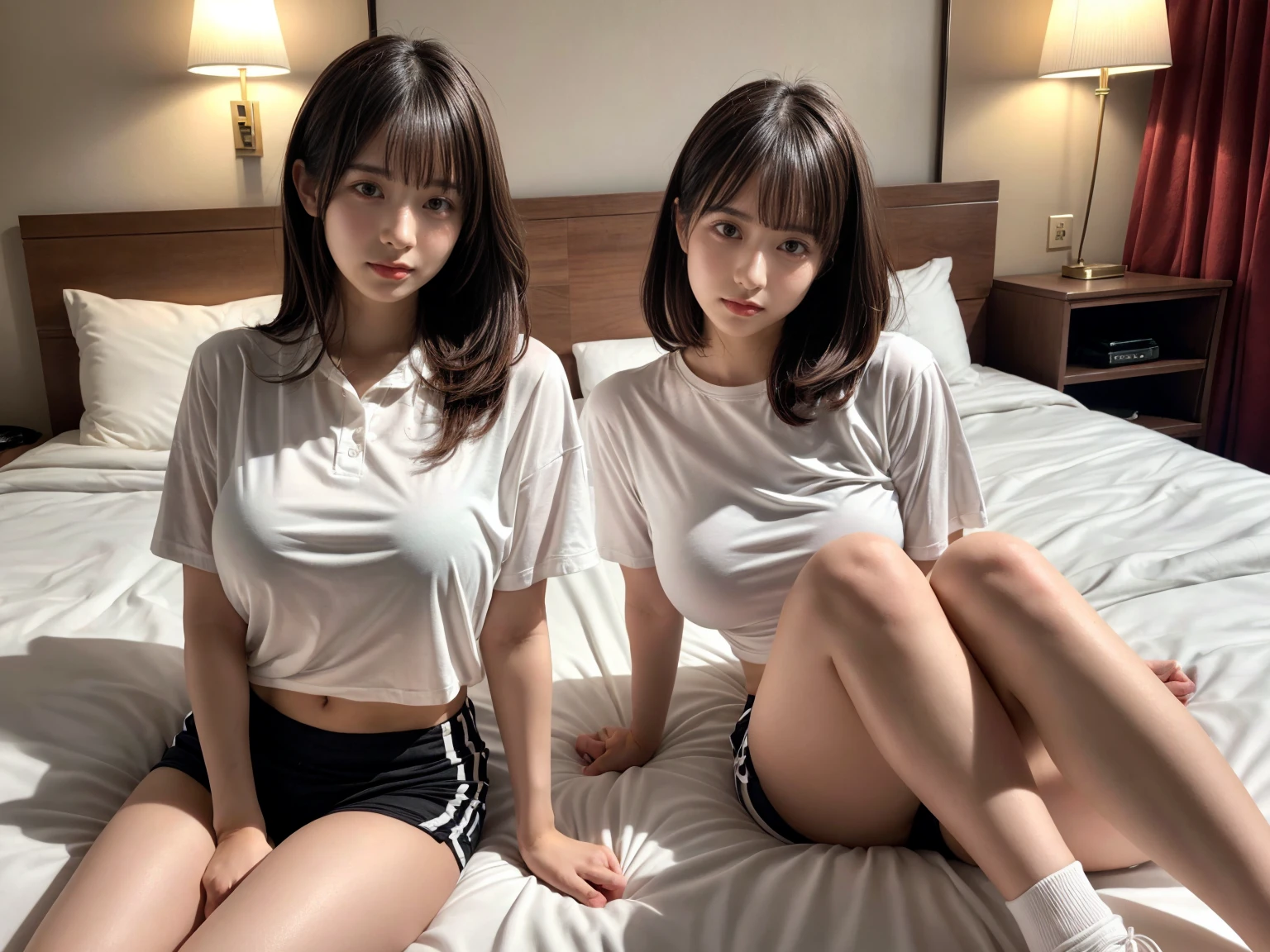 masterpiece, best quality, illustration, Super detailed, fine details, High resolution, 8K,wall paper, perfect dynamic composition,(Details High quality, realistic depiction of eyes:1.3), (2 girls), oversized sport shirt, shorts women, sitting, open legs, short bob hair, in a hotel room in the background, deep on field, large breasts, black hair color, Big Natural Color Lip, (perfect body shape), crying a little、Harajuku style、20 year old girl、cute type、beautiful legs, Gravure Idol
