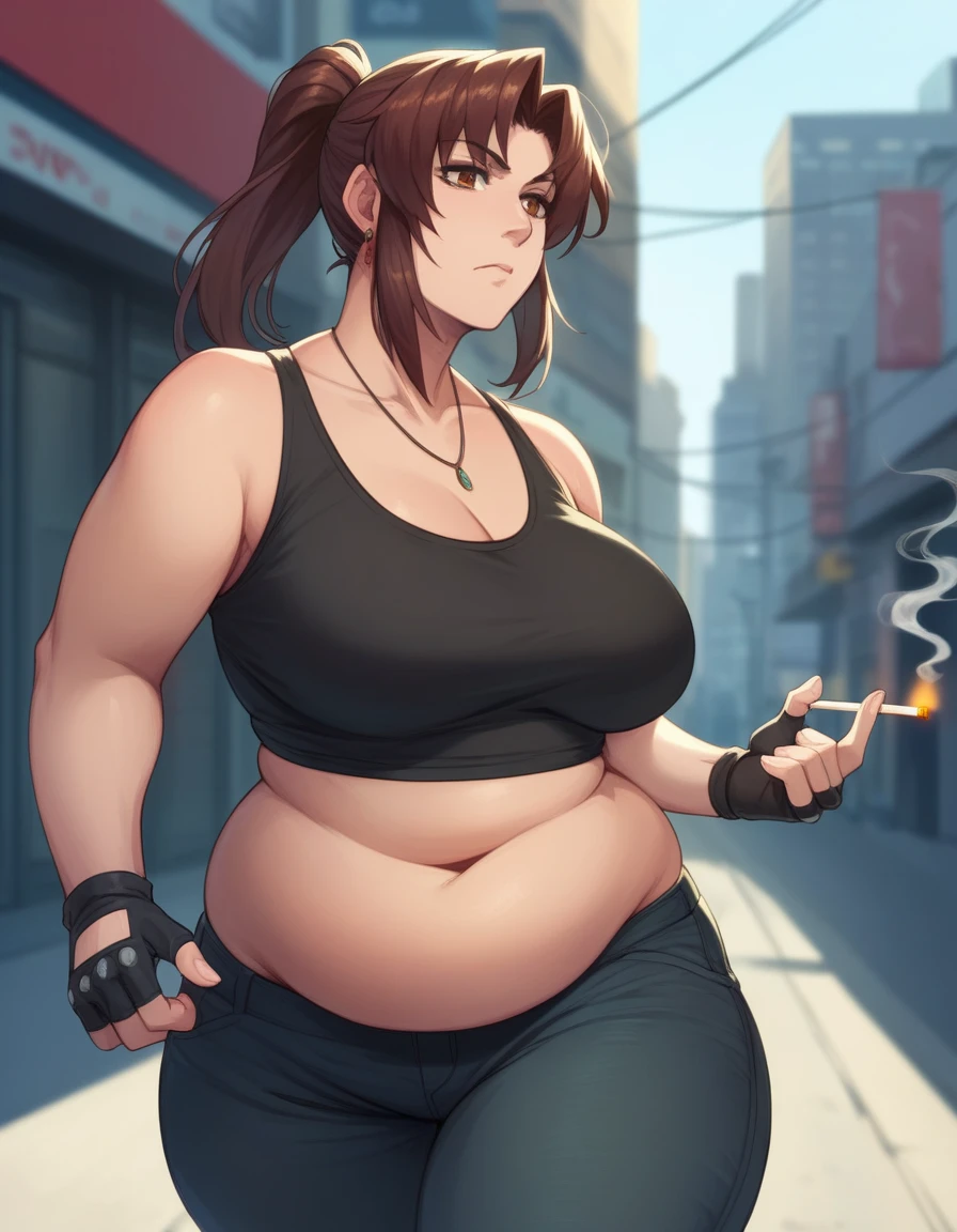  1girl, imagine Revy as a plus size milf, 45-year-old, mature woman, long hair, brown hair, brown eyes, ponytail, plump, chubby figure, round belly, black crop top, fingerless gloves, black leather pants,unamused,disappointed,expressionless,holding a cigarette,BREAK,city street, walking