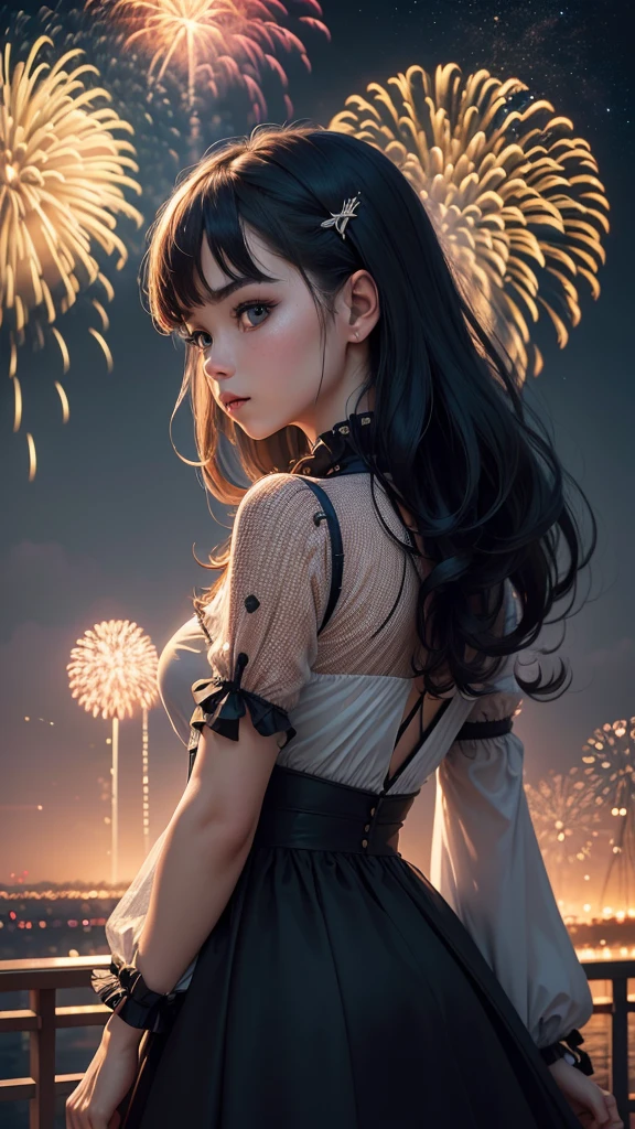 (filmposter),wide wide shot,Expansive night sky,new year,(A grand fireworks display),(Girl silhouette texture clear),(double exposure effect),vivd coloong exposure technology),creative composition,artsy photography,hight contrast,soft focus,vague background,(multiple exposure),Different Perspectives,A futuristic,Tall structures、(overlay images)、Surreal atmosphere、(Best quality at best,4K,8K,A high resolution,tmasterpiece:1.2),ultra - detailed,(actual,photoactual,photo-actual:1.37),
