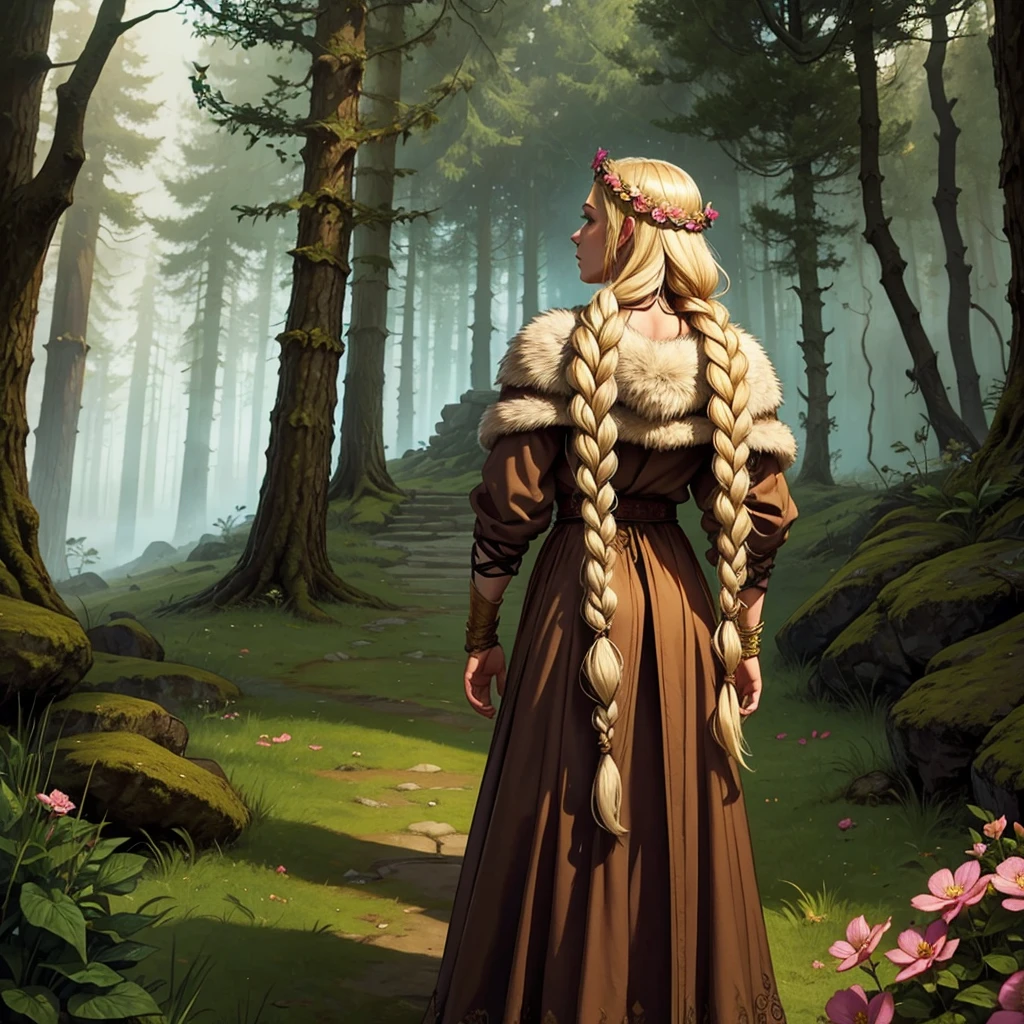 Viking woman standing with her back to me in a foggy forest. Blonde half up half down braided hair with a flower crown. Wearing a medieval dress & a fur cloak. Dungeons & dragons character.