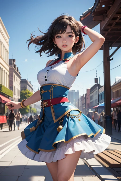 (Highest quality、 8k 、masterpiece、High resolution)、(Dancer)、Full Body Shot、15 year old girl、Idol、cute、Outdoor Stage、Realistic、Realistic、Official Art、Detailed CG、