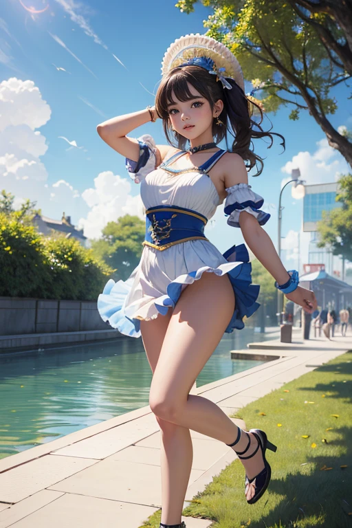 (Highest quality、 8k 、masterpiece、High resolution)、(Dancer)、Full Body Shot、15 year old girl、Idol、cute、Outdoor Stage、Realistic、Realistic、Official Art、Detailed CG、