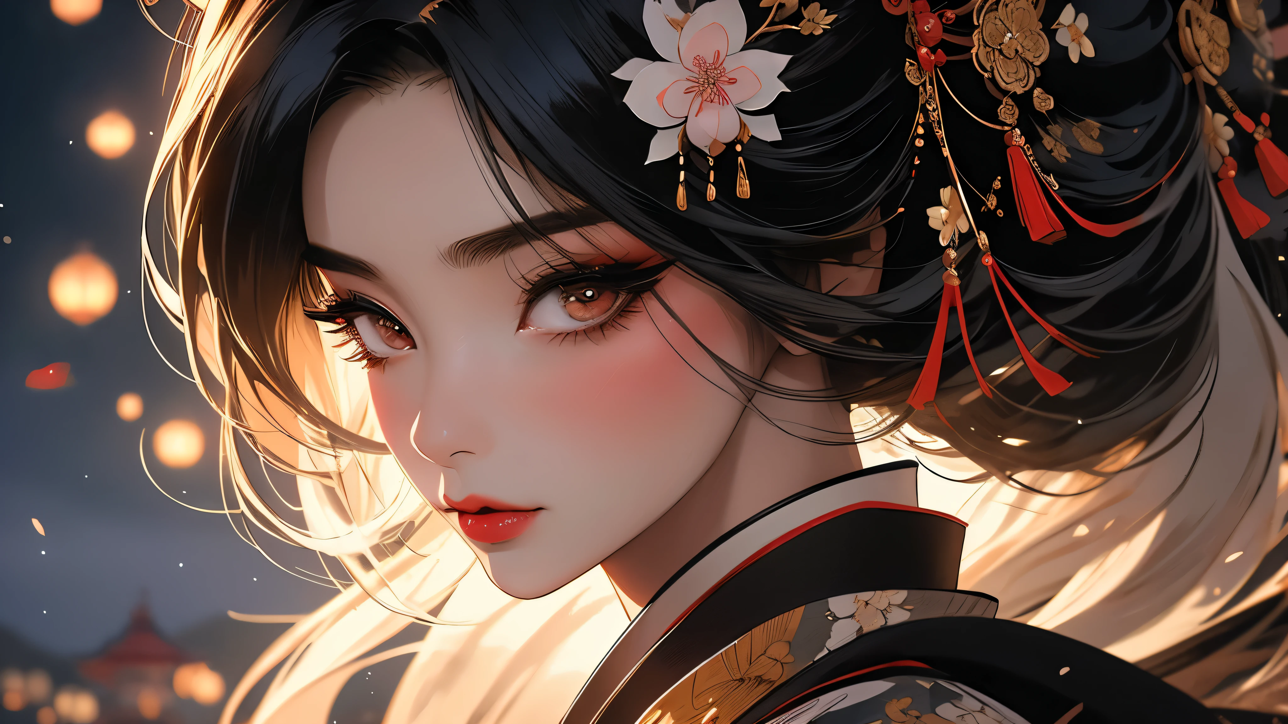 beautiful geisha girl, sakura blossoms, fujii mountain, moonlight, white and black blood color palette, sumi-e ink effects, detailed face, detailed eyes, detailed lips, long eyelashes, detailed ornaments, elegant kimono, graceful pose, cinematic lighting, highly detailed, 4k, photorealistic, masterpiece