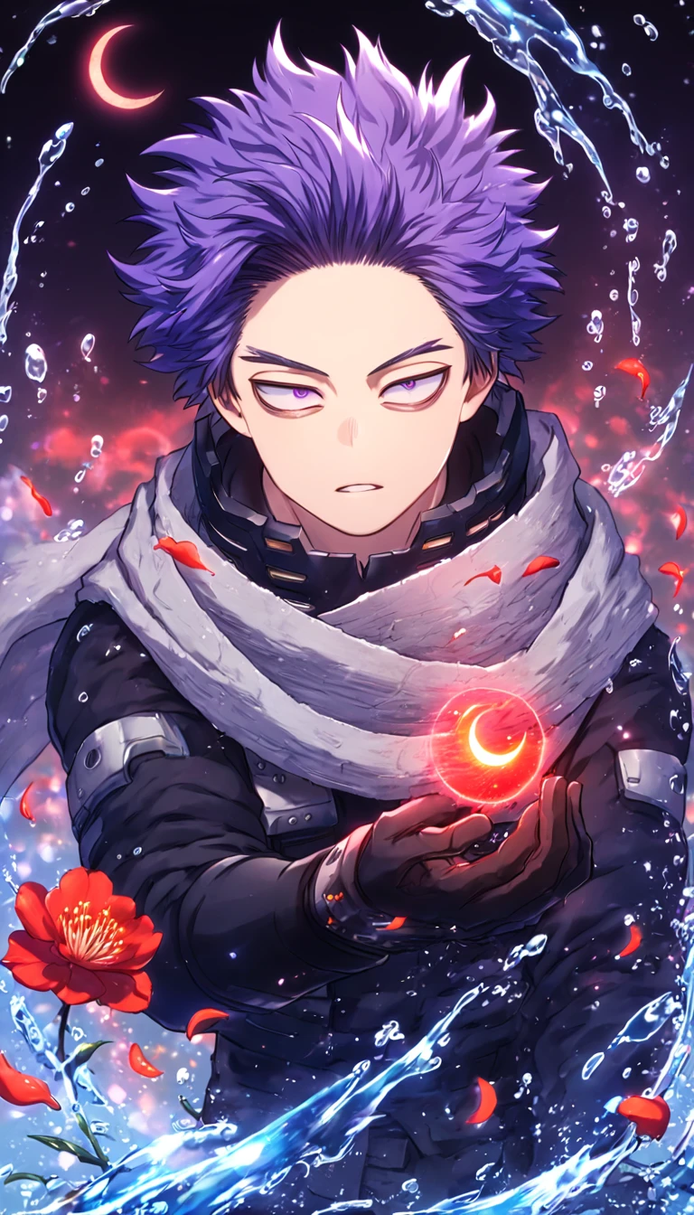 absurdres, highres, ultra detailed, HDR, master piece, Shinsou Hitoshi, indigo hair, messy hair, expressive purple eyes, gray scarf, black clothes, black gloves, Boku No Hero Academia, sexy man, handsome, best quality, red glittering crescent moon, red flowers, fantasy, magical, solo, water, red shining fireflies, red petals, sensual