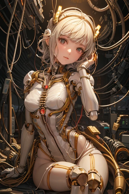 (((masterpiece))), (((The best quality at its best))), ((Super detailed)), (Highly detailed CG illustrations), ((Extremely delicate and beautiful)),(Cute and delicate face),Light,((1. Mechanical Girl)),by 2 person,Full Body Lesbian,(Mechanical joints:1.4),((Mechanical limb vessels connected to tubes),((Mechanical vertebrae are attached to the back)),((Mechanical cervical spine attached to the neck)),((Sit)),Expressionless face,(Wires and cables attached to head and body:1.5),(Character Focus),Science fiction