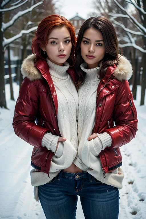 best resolution, 2 heads, brunette Latino woman next to blonde scandinavian woman,red short tied hair, winter jacket, going separate ways, stuck together