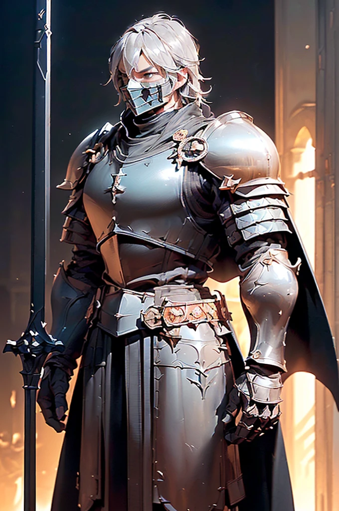 (masterpiece; best quality: 1.2), ((knight man)), ((solo)), (black eyes: 1.4), (body; toned, lean, masculine: 1.3), (beautiful and clear background: 1.2), ((depth of field)), (equipment: medieval crusader armor + closed great helm + black cape : 1.3), (anime illustration: 1.2), (background composition; royal chambers + furniture: 1.1), (extremely fine and handsome: 1.1), (shot composition; standing + centered on torso + close-up: 1.5)