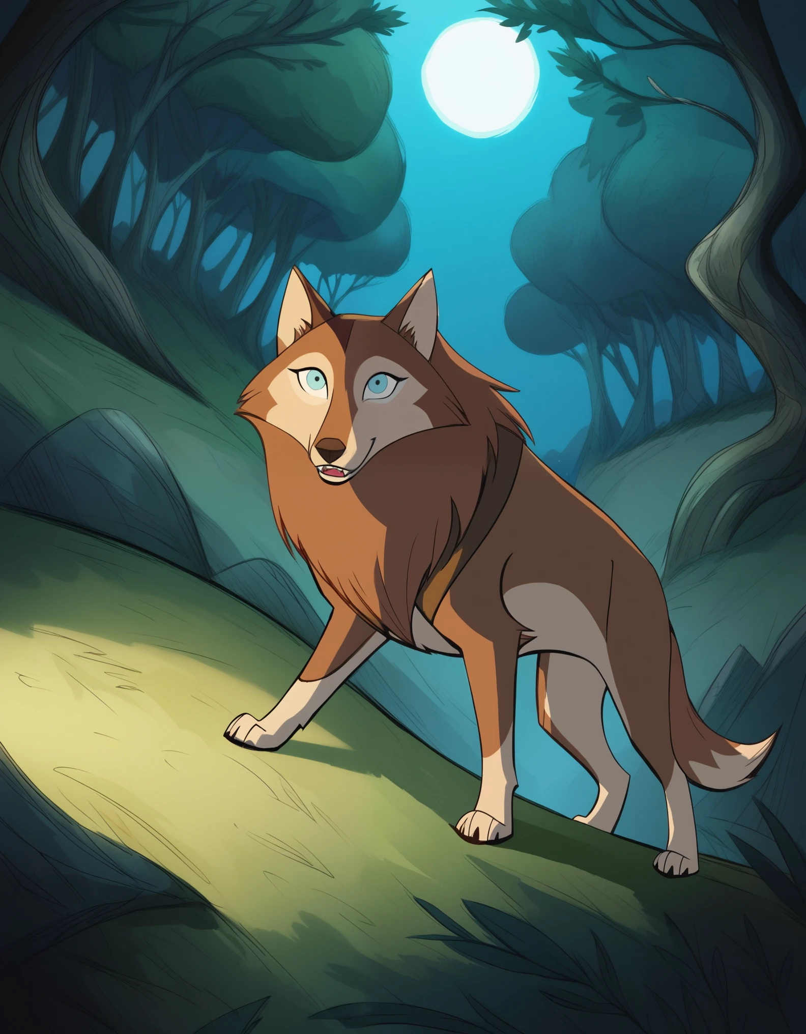 billgoodfellowe, wolfwalkers_studio_saloon_style, score_9, score_8_up, score_7_up, robyn, blue eyes, wolf, feral, forest, standing on cliff, night, animal