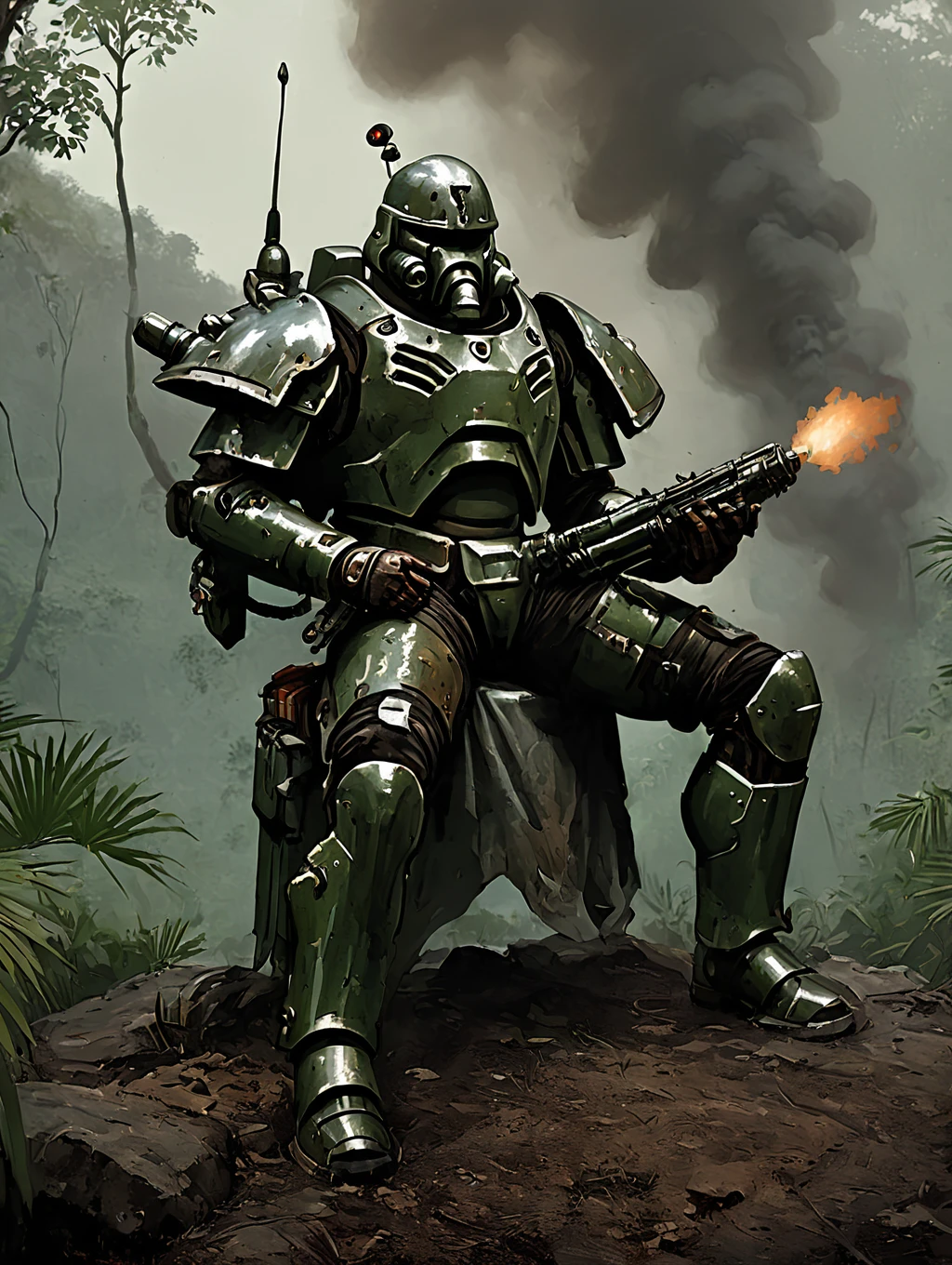 1man sitting on the rock , bull horn  helmet   dark skin,   cyborg ,mecha, full body,   wearing  Parrley_armor, big bulky futuristic armor, war painting, (large  pauldron, big bulky shoulder armor ) military camouflage
in the jungle, smokes, fires, green and brown tone, 
 fantasy, sci-fi,
 (arielpstyle:1.0), dark, horror, creepy, creepy-looking, lovecraftian, grease, brush stroke, painting, 
   