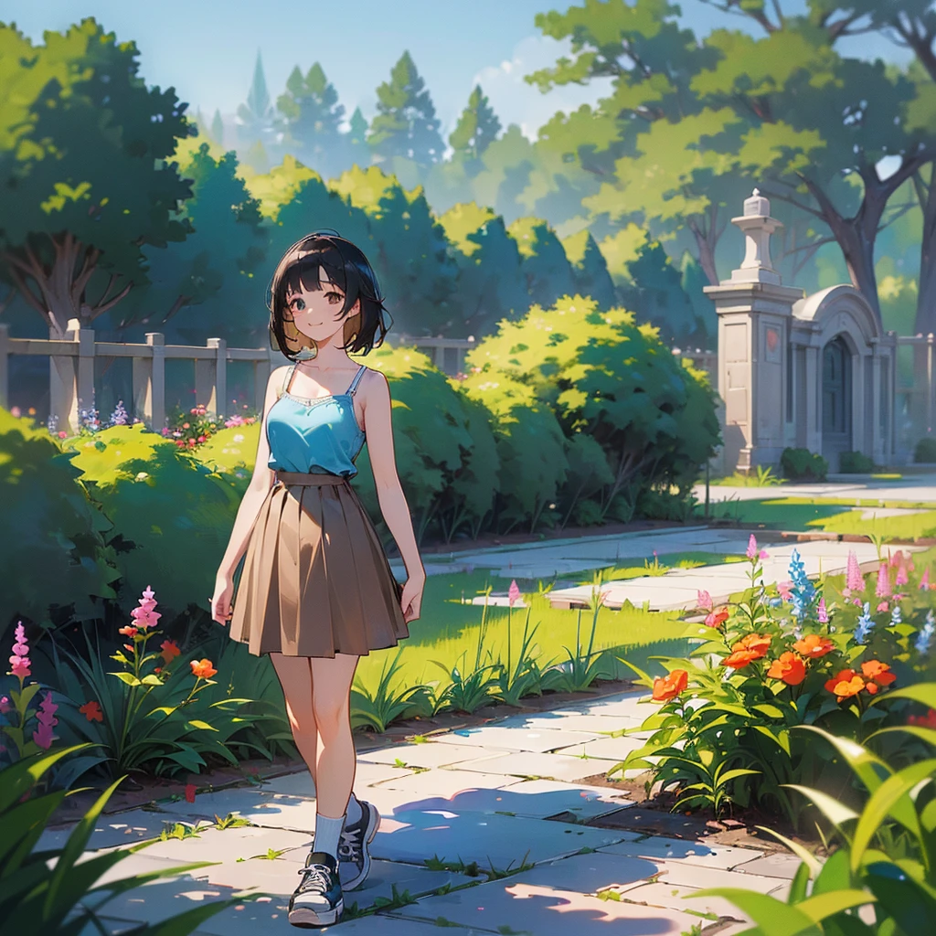 (high quality, High resolution, Very detailed, reality:1.37), Peaceful atmosphere, (Outdoor, garden), Teenage girl standing alone, (my breasts are big.), Beautiful details, Cute Smile, (Black bob hair), camisole, Brown Skirt, Blue socks, sneakers.