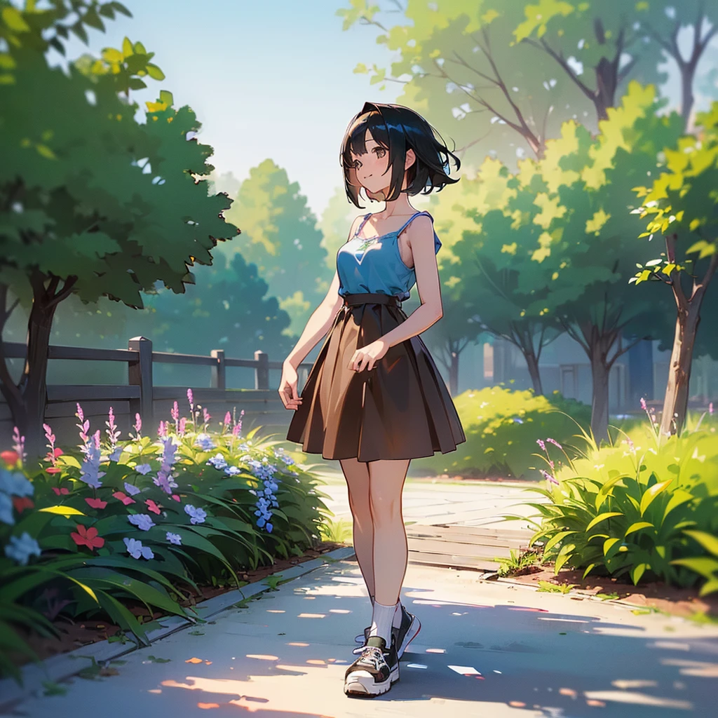 (high quality, High resolution, Very detailed, reality:1.37), Peaceful atmosphere, (Outdoor, garden), Teenage girl standing alone, (my breasts are big.), Beautiful details, Cute Smile, (Black bob hair), camisole, Brown Skirt, Blue socks, sneakers.
