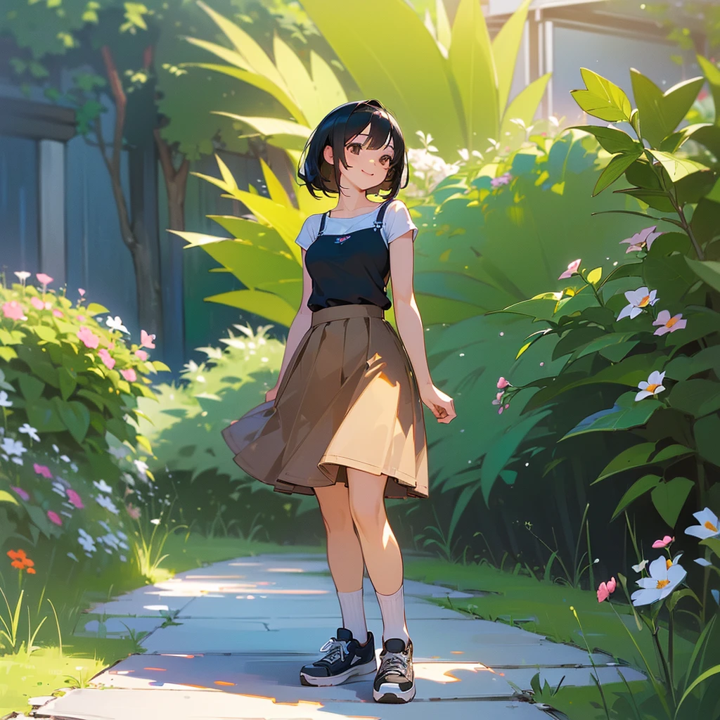 (high quality, High resolution, Very detailed, reality:1.37), Peaceful atmosphere, (Outdoor, garden), Teenage girl standing alone, (my breasts are big.), Beautiful details, Cute Smile, (Black bob hair), camisole, Brown Skirt, Blue socks, sneakers.