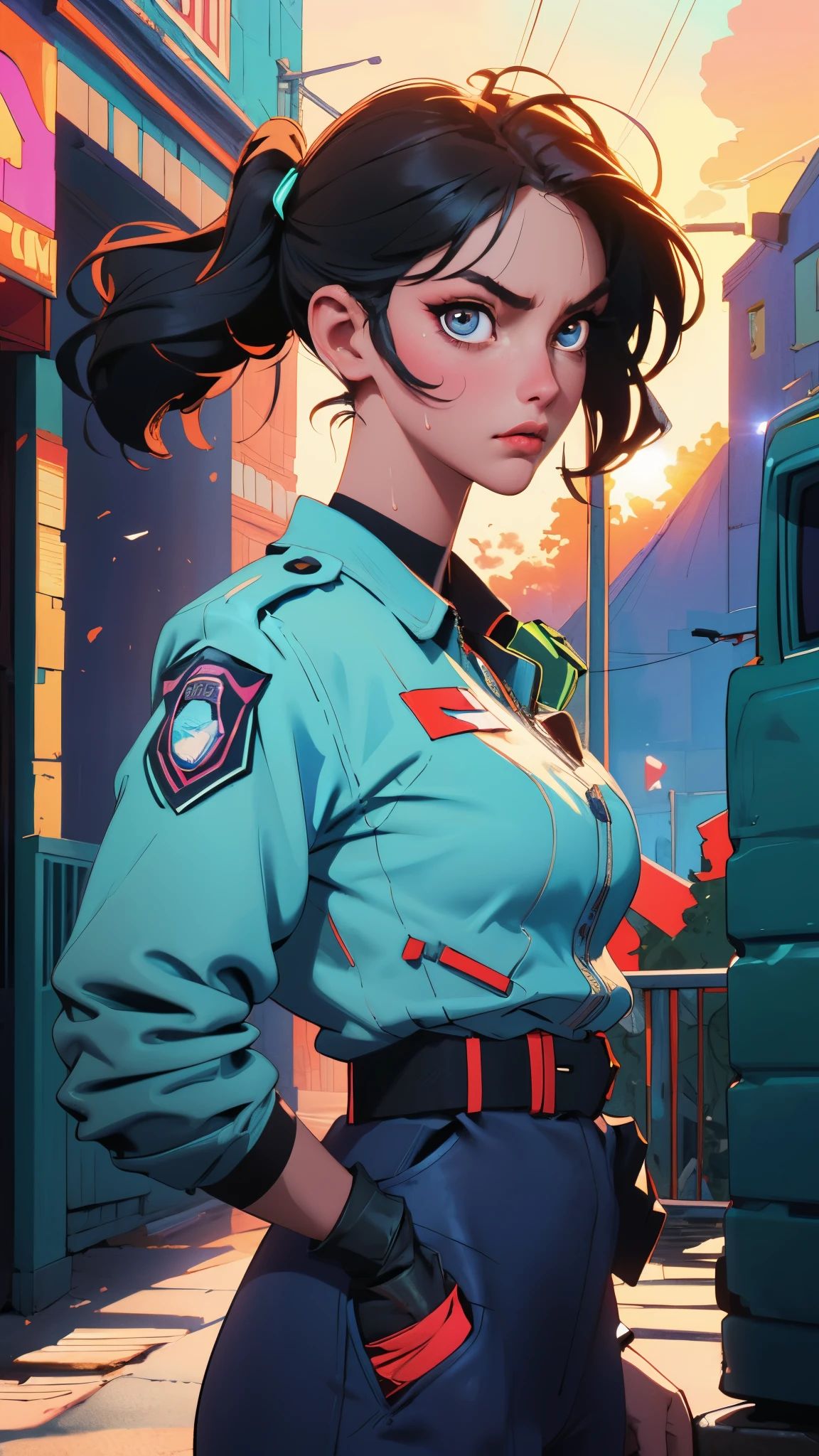 ((((masterpiece, best quality, high resolution)))), Extremely detailed 8K, 1 female, (Police Officer) wearing a cyberpunk police uniform and gear, (Ultra HD, Ultra-detailed, Highly detailed, Highly realistic, Ultra-realistic, photograph realistic), (1girl:1.5), (Realistic black hair), (dynamic poses), facing at camera, looking at viewer, (a serious focus face), (regular black eyes, sharp eyes), (perky breasts:1.2), (beautifully detailed face, beautiful detailed eyes), ((preparing for a police patrol)), (streets background), sweat, glow, (sunbeam, sunlight), ((cowboy shot)), seductive, EnvyBetterHands LoCon,