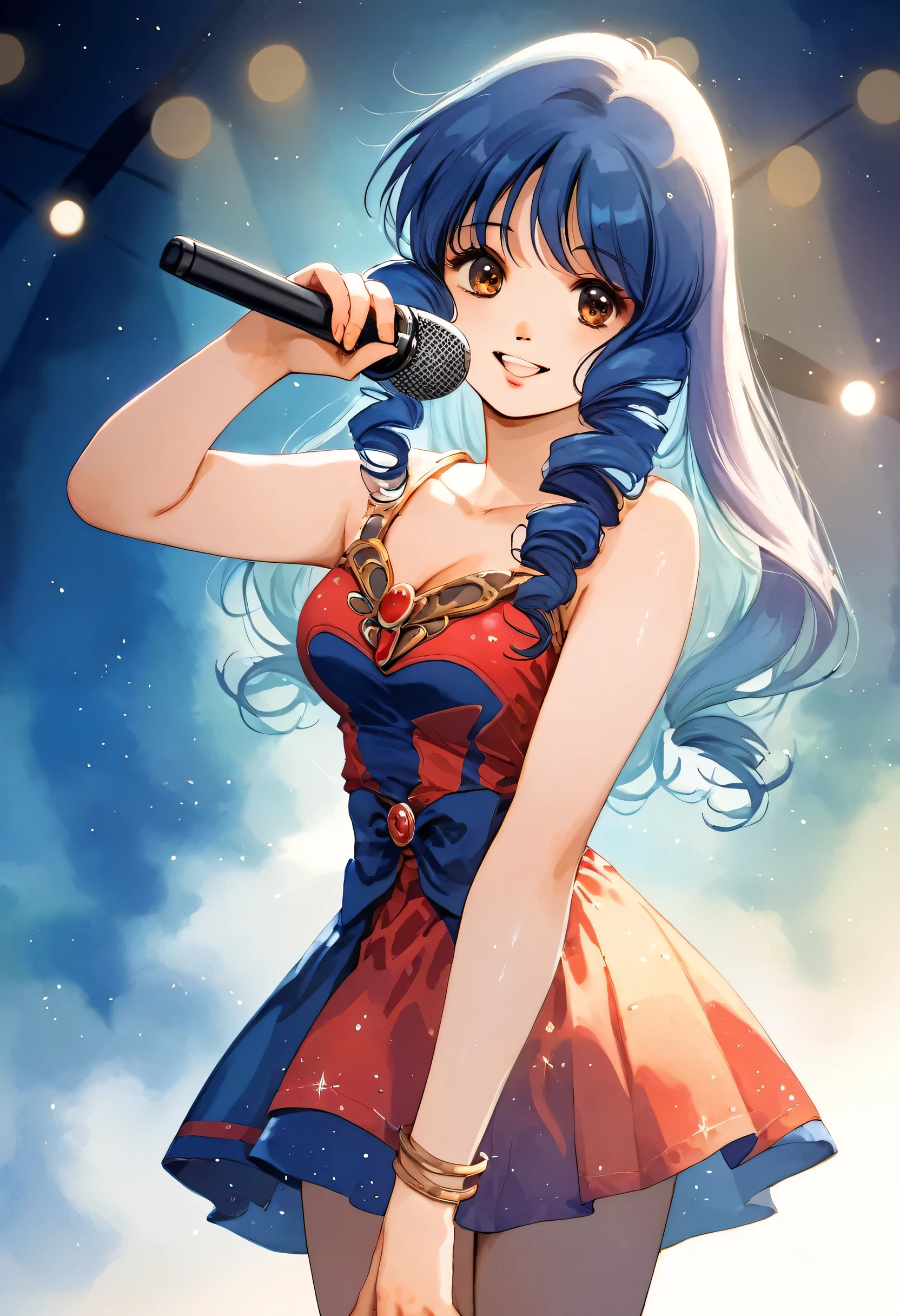 score_9,score_8_up,score_7_up,masterpiece,best quality, source anime, (watercolor:1.2), super detailed, extreme detailed, rating_safe,
1girl, solo, Lynn Minmay, long hair, blue hair, drill hair, brown eyes, 
shiny hair, beautiful detailed eyes, beautiful face, 
sexy idol costume, tight mini skirt, 
singing, smile, arm up, Hand Microphone, upper body, (from front), 
idol stage, cool lighting, cinematic lighting, audience,