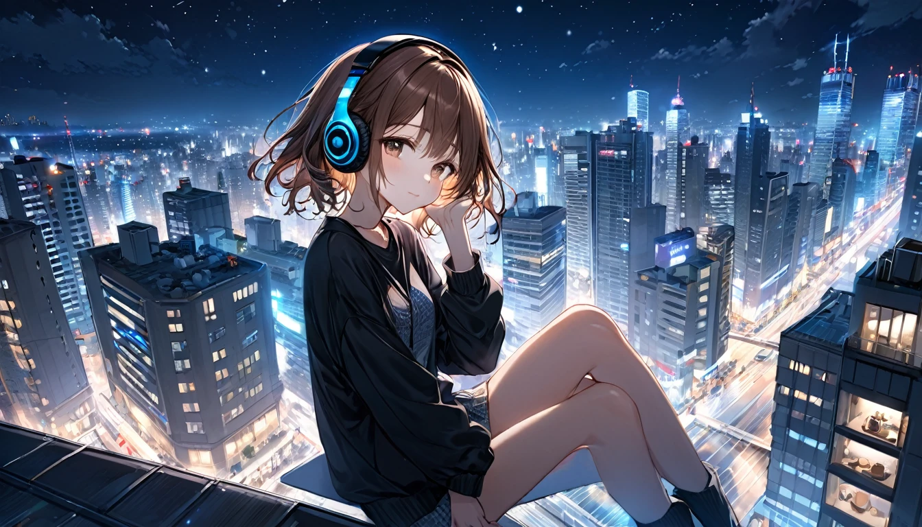 Brown-haired girl wearing headphones、Night city highly detailed、masterpiece, Highest quality, Light background:Night view of skyscrapers:Calm and relaxing outfit:Casual urban style pose:A scene of someone sitting on the roof of a building:City night with the lights of the buildings twinkling
(Detailed fingers), (Emotional), (Breathtakingly beautiful), (main part:1.2 Whole body), (Anime Style), (Very detailed), (超High resolution, High resolution), (8k), (Complex and beautiful: 1.2)